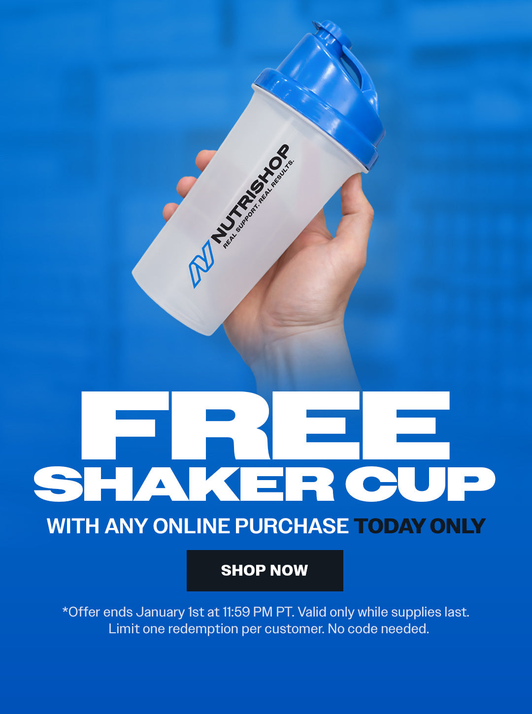 Hand holding a Nutrishop shaker cup with promotional text on a blue background