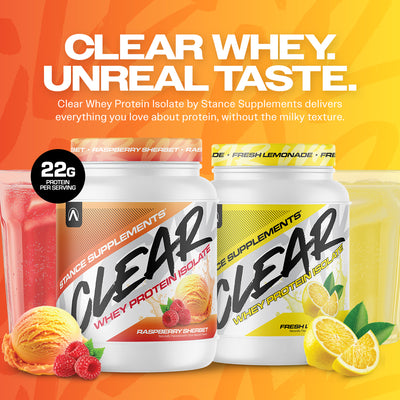 Two containers of Stance Supplements Clear Whey Protein Isolate, one raspberry sherbet and one fresh lemonade, on a bright background.