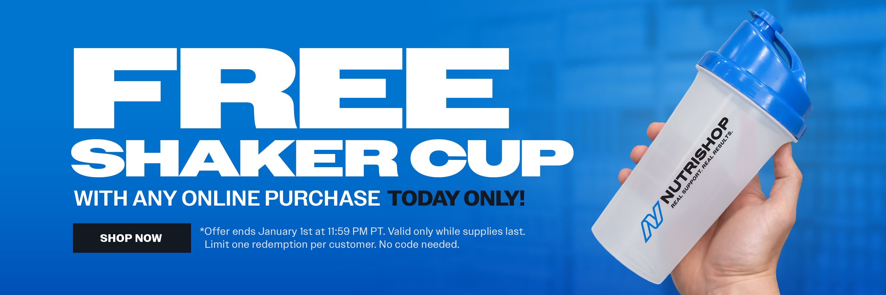 Promotional banner for a free shaker cup with Nutrishop product on a blue background